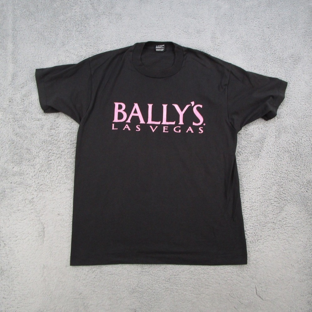 Vintage Ballys Las Vegas T Shirt Mens Large Black Pink Logo Fruit of the Loom